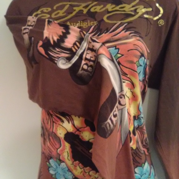 Ed Hardy Brown Long Sleeve Skull Graphics t-shirt Rare Find - Picture 3 of 16